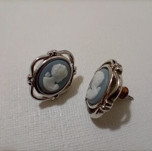 Elegant Silver and Blue Cameo Earrings
